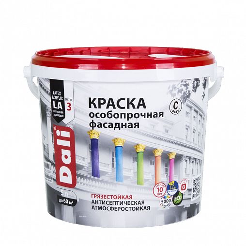 Краска фасадная особопрочная Dali, акриловая, глубокоматовая, база C, бесцветная, 5 л фото