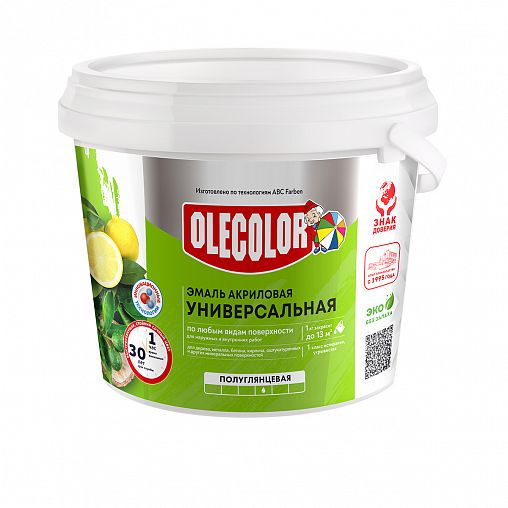 Эмаль акриловая Olecolor, полуглянцевая, 0,8 кг, белая фото