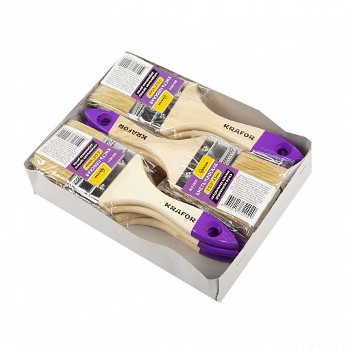 Кисть плоская Krafor №2,5, натуральная щетина, деревянная ручка, 63 мм фото