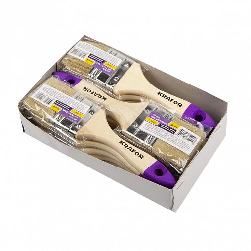 Кисть плоская Krafor №2, натуральная щетина, деревянная ручка, 50 мм фото