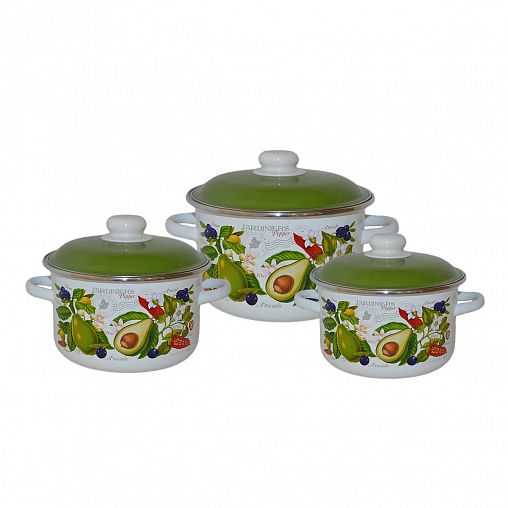 Набор эмалированных кастрюль СтальЭмаль Авокадо, 6 предметов (2, 3, 5,5 л, крышки) фото