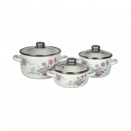 Набор эмалированных кастрюль СтальЭмаль Весенний романс, 6 предметов, белоснежный фото