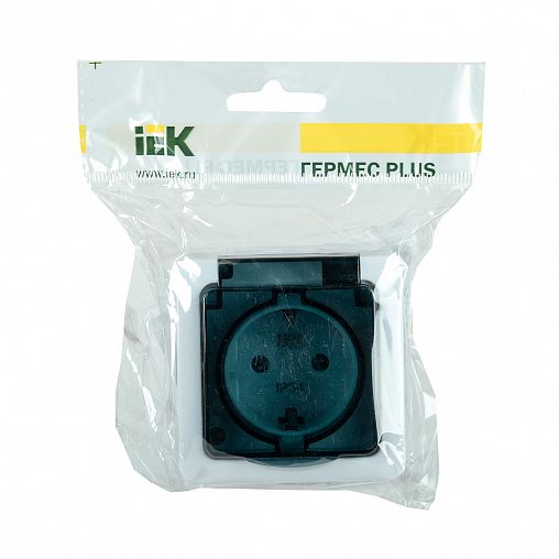 Розетка накладная IEK Гермес Plus, с крышкой, с заземлением, 16 А, 250 В, IP54, дымчатая фото