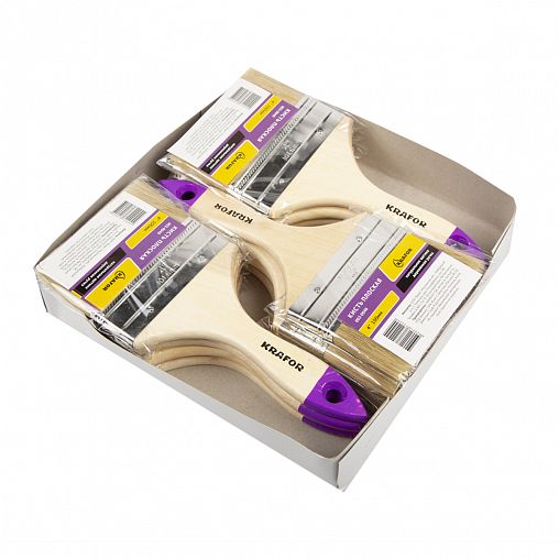 Кисть плоская Krafor №4, натуральная щетина, деревянная ручка, 100 мм фото