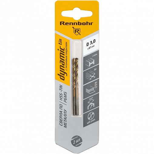 Сверло по металлу Rennbohr Dynamic-Tin, 3 x 61 мм, 2 шт фото