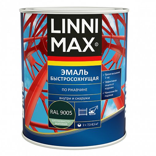 Грунт-эмаль по ржавчине Linnimax, быстросохнущая, 0,75 л, RAL 9005, черная фото