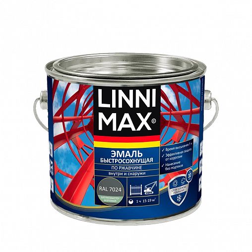 Грунт-эмаль по ржавчине Linnimax, быстросохнущая, 1,6 л, RAL 7024, серый графит фото