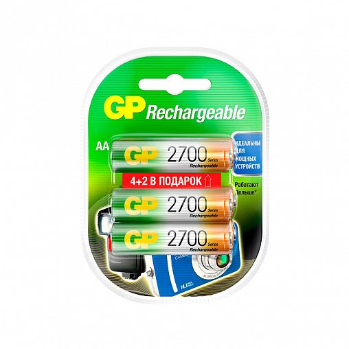 Аккумулятор GP Rechargeable 270AAHC4/2-2CR6, типоразмер АА, 2700 мАч, 1,2 В, 6 шт фото Аккумулятор GP Rechargeable 270AAHC4/2-2CR6, типоразмер АА, 2700 мАч, 1,2 В, 6 шт фото