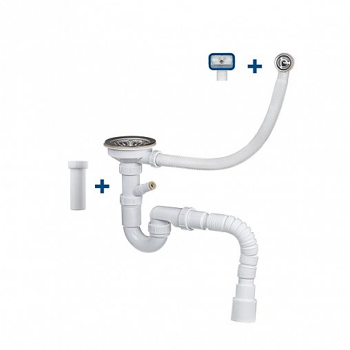 Сифон MasterProf 2 в 1, 1 1/2" x 40 мм, с отводом, с нержавеющей чашкой, гофротруба 720 мм фото