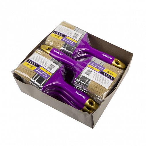 Кисть плоская Krafor Профи №4, натуральная щетина, пластиковая ручка, 100 мм фото