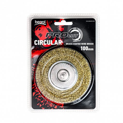 Щетка для дрели Beorol, плоская со шпилькой, 100 мм, латунированная гофрированная проволока фото