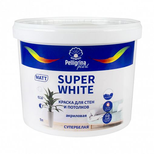 Краска интерьерная для стен и потолков Pelligrina Pearl Super White, акриловая, база А, белая, 9 л фото