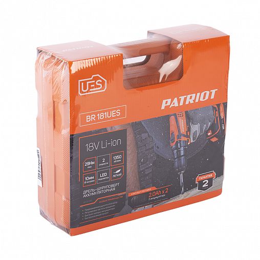 Дрель-шуруповерт аккумуляторная Patriot BR 181UES, 18 В, 2 x 2 Ач Li-ion, с 2 АКБ и ЗУ фото