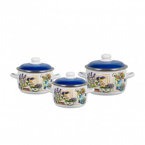 Набор эмалированных кастрюль СтальЭмаль Горная лаванда, 6 предметов (2, 3, 4 л, крышки) фото