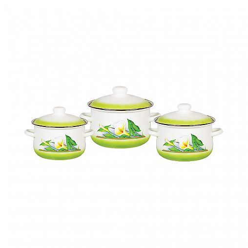 Набор эмалированных кастрюль СтальЭмаль Каллы, 6 предметов, белоснежный фото