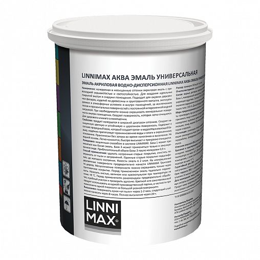 Эмаль универсальная Linnimax Аква, акриловая, шелковисто-матовая, база 1, белая, 0,9 л фото