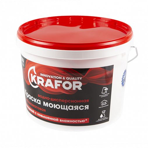 Краска водно-дисперсионная интерьерная моющаяся Krafor, глубокоматовая, 14 кг, белая фото