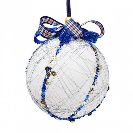 Елочный шар, с бантом, d 8 см, белый/синий фото