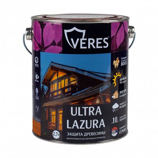Декоративная пропитка для дерева Veres Ultra Lazura №19, глянцевая, 2,7 л, дуб фото