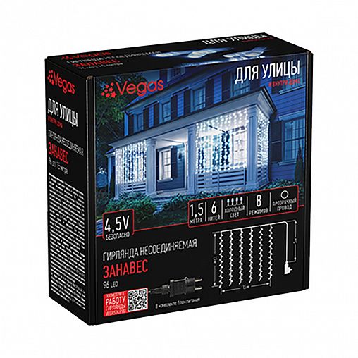 Электрогирлянда Vegas Занавес, с блоком питания, 6 нитей, 96 LED ламп, 1,5 x 1,5 м, холодный свет фото