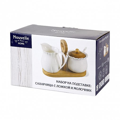 Набор на подставке Nouvelle Home Naturel, фарфоровый, сахарница с ложкой, молочник, 22 x 11 x 14 см фото