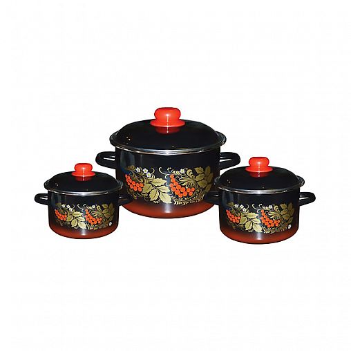 Набор эмалированных кастрюль СтальЭмаль Рябина, 6 предметов, черный фото