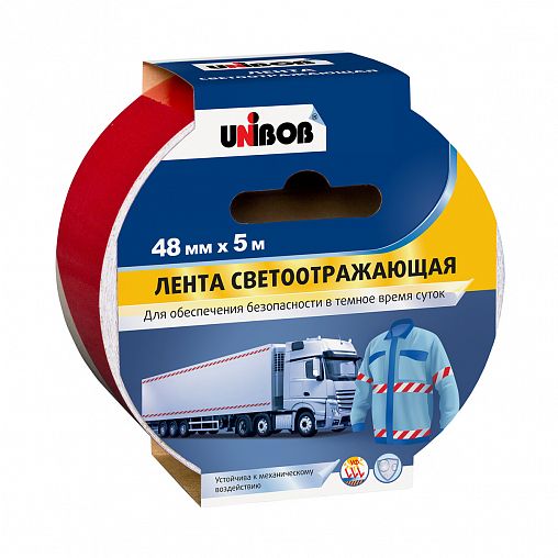 Лента клейкая разметочная Unibob, 48 мм x 5 м, светоотражающая, красно-белая фото