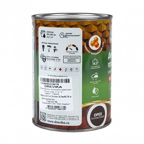 Декоративная пропитка для дерева Drevika Классик 2 в 1, полуматовая, 0,75 л, орех фото