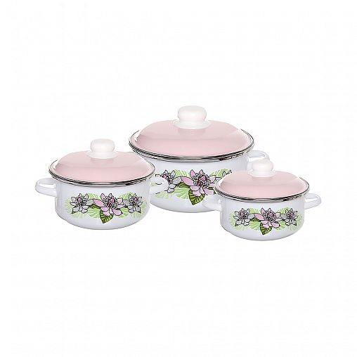 Набор эмалированных кастрюль СтальЭмаль Азалия, 6 предметов, белоснежный фото