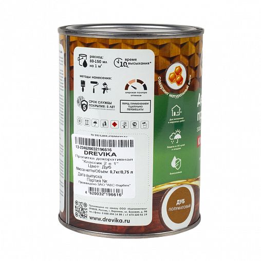 Декоративная пропитка для дерева Drevika Классик 2 в 1, полуматовая, 0,75 л, дуб фото