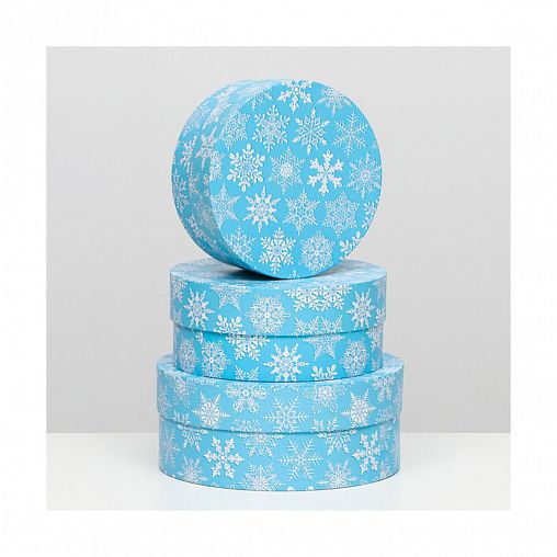 Коробки подарочные круглые Снегопад на голубом, набор 3 шт фото