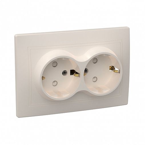 Розетка двойная встраиваемая IEK Кварта, керамика, с з/ш, с заземлением, 16 А, 250 В, IP20, кремовая фото