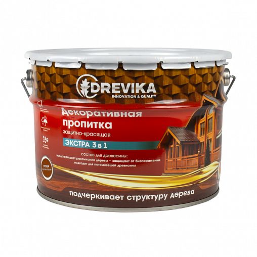 Декоративная пропитка для дерева Drevika Экстра 3 в 1, полуматовая, 9 л, груша фото