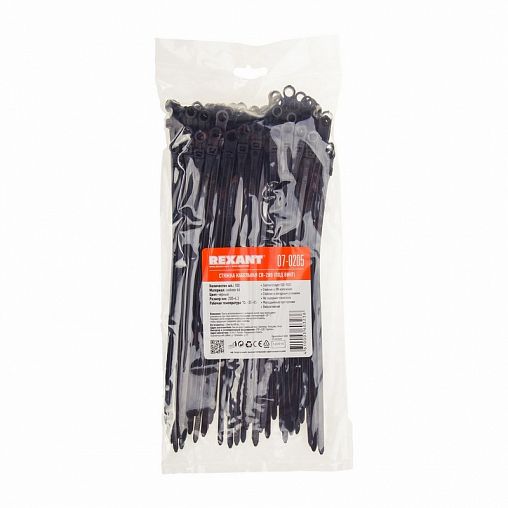 Хомут-стяжка под винт Rexant, нейлон, 4,3 x 200 мм, 100 шт, черный фото