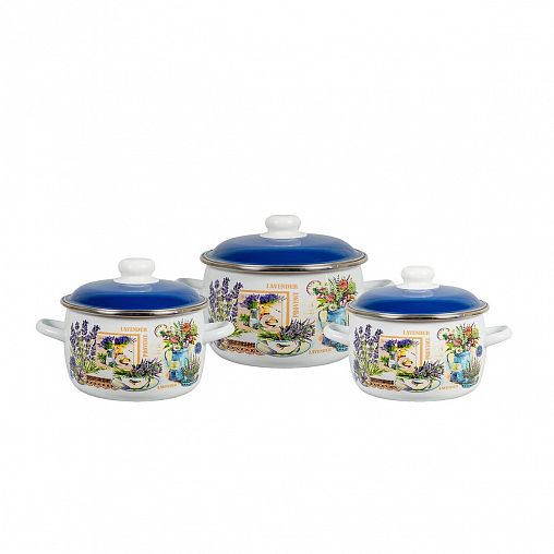 Набор эмалированных кастрюль СтальЭмаль Горная лаванда, 6 предметов (2, 3, 5,5 л, крышки) фото