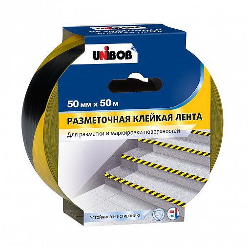 Лента клейкая разметочная Unibob, 50 мм x 50 м, желто-черная фото