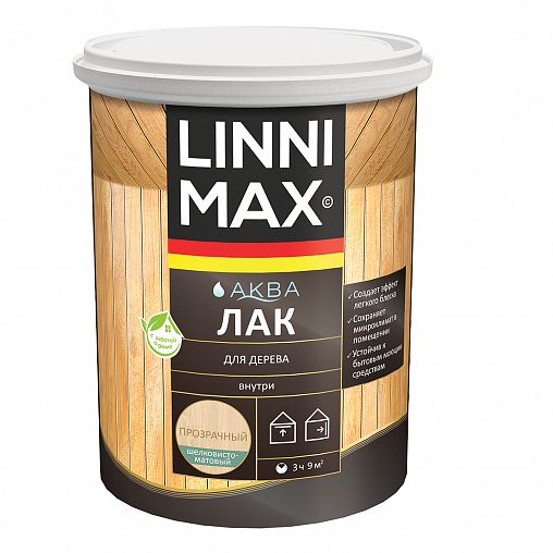 Лак для дерева Linnimax Аква, акриловый, шелковисто-матовый, 0,9 л фото Лак для дерева Linnimax Аква, акриловый, шелковисто-матовый, 0,9 л фото