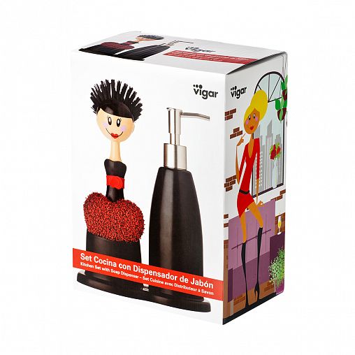 Набор для мытья посуды Vigar Dolls (щетка, губка, дозатор на подставке) фото
