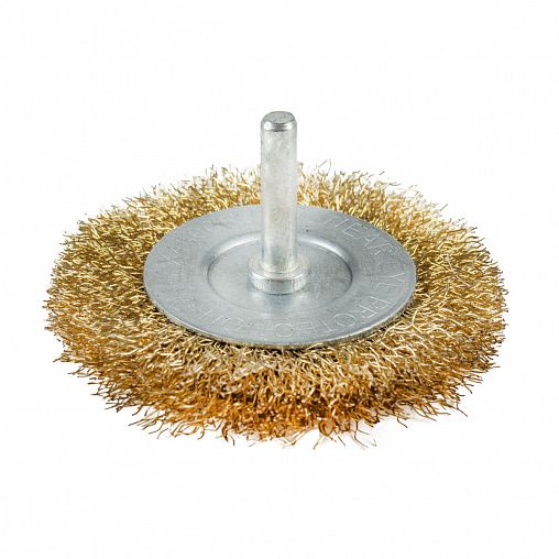 Щетка для дрели Кедр, плоская со шпилькой, 75 мм, латунированная проволока 0,3 мм фото