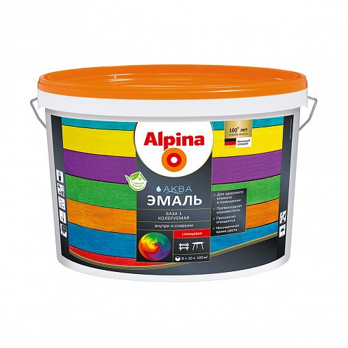 Эмаль по металлу Alpina Аква, акриловая, глянцевая, база 1, белая, 10 л ...