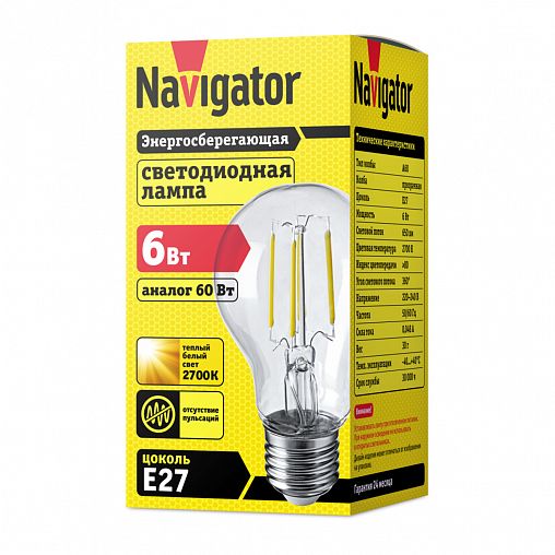 Лампа филаментная Navigator NLL-F Груша, E27, 6 Вт, 2700 К, теплый белый свет фото