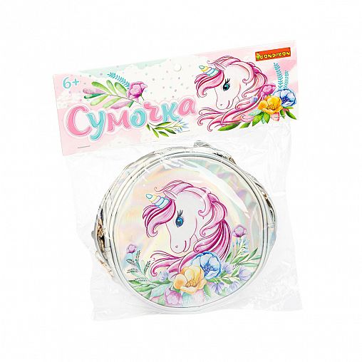 Сумочка Bondibon Сказочный Единорог, искусственная кожа, d 18 см, серебристая фото