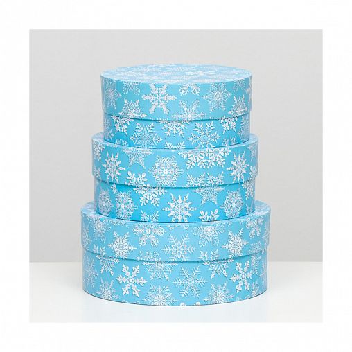 Коробки подарочные круглые Снегопад на голубом, набор 3 шт фото