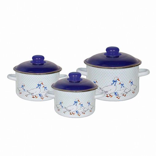 Набор эмалированных кастрюль СтальЭмаль Гуси, 6 предметов (2, 3, 5,5 л, крышки) фото