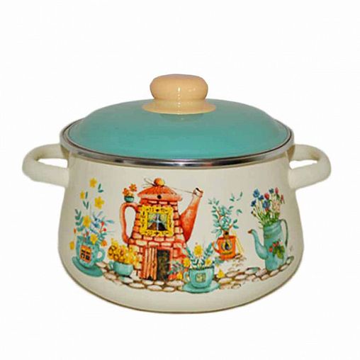 Кастрюля эмалированная СтальЭмаль Чайный домик с крышкой, 4 л фото