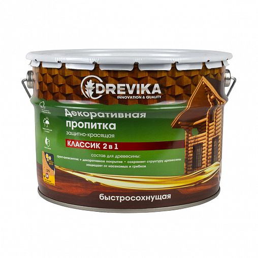 Декоративная пропитка для дерева Drevika Классик 2 в 1, полуматовая, 9 л, дуб фото