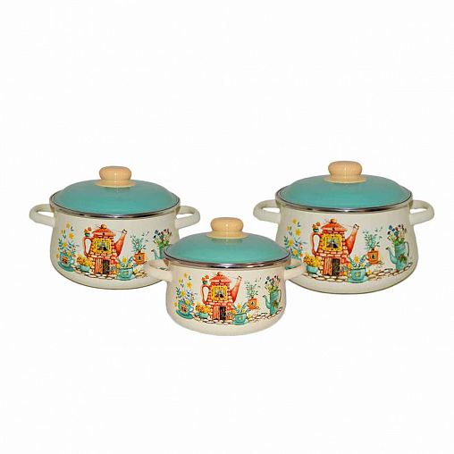 Набор эмалированных кастрюль СтальЭмаль Чайный домик, 6 предметов (2, 4, 5,5 л, крышки) фото