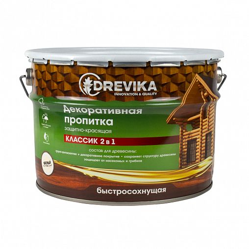 Декоративная пропитка для дерева Drevika Классик 2 в 1, полуматовая, 9 л, белая фото