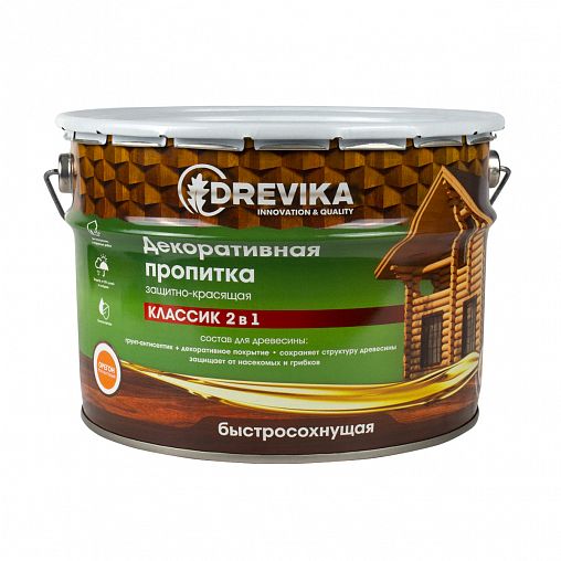 Декоративная пропитка для дерева Drevika Классик 2 в 1, полуматовая, 9 л, орегон фото