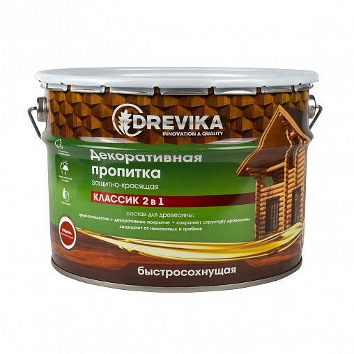 Декоративная пропитка для дерева Drevika Классик 2 в 1, полуматовая, 9 л, рябина фото